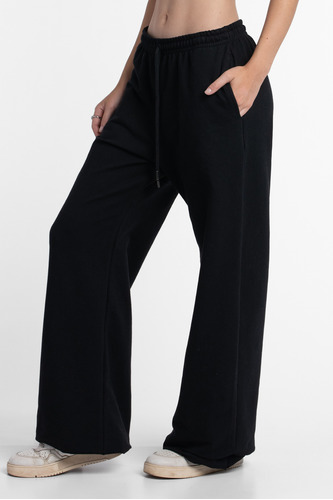 Pantalón Rústico Wide Leg Negro Jogging Básico Mujer Okiwama