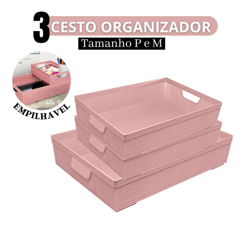 Kit 3 Cesto Organizador Multiuso Armário Gaveta Tamaho P M