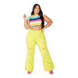 Calça Jeans Wide Leg Pantalona Plus Size Verde Rasgada