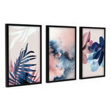 Quadro Decorativo Folhagens Azul Rosa E Branco Sala Luxo Kit