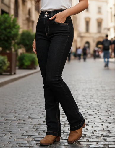 Jeans Tiro Alto Corte Campana Mujer. Botón Doble Y Costuras