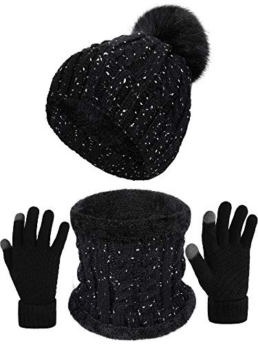 Conjunto De Invierno De 3 Piezas Para Mujer, Gorro Con Pompó