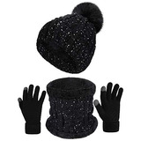 Conjunto De Invierno De 3 Piezas Para Mujer, Gorro Con Pompó