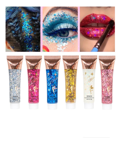 Pack 6 Glitter Gel Lentejuela Holográficas Crema Brillo Ojos