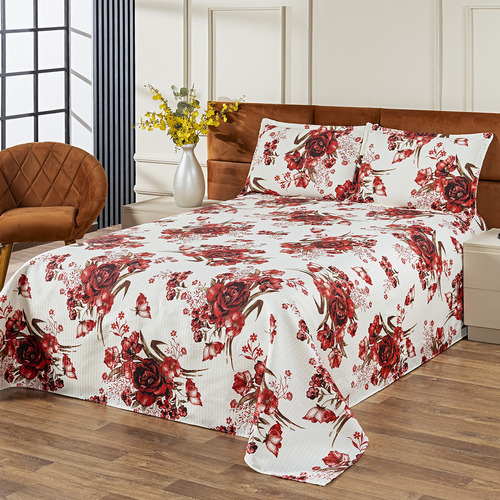 Colcha Vitor Bordados Cobre Leito Cama Casal Kit 3 Peças Milão Cor Vermelho Florido Estampado