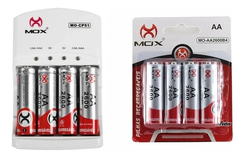 Kit Carregador De Pilha + 8 Pilhas Aa Recarregável 2600 Mah 