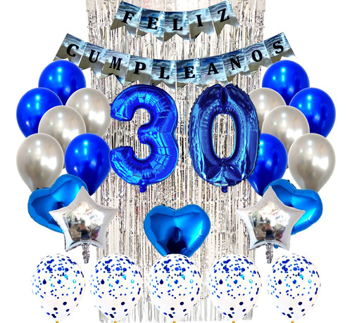 Combo Globos Kit Deco Fiesta Feliz Cumple Azul Y Plateado