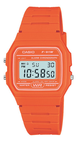 Reloj Casio Unisex F-91wc-4a2 Luz Crono Color De La Malla Naranja Color Del Bisel Naranja Color Del Fondo Gris
