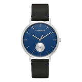 Reloj Caravelle Quartz Para Hombre 43a156 Dress Azul Correa Negro Bisel Plateado