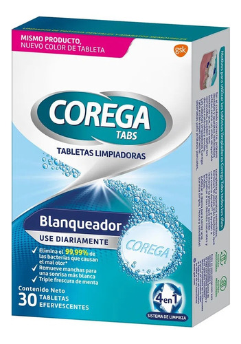 Corega Tabs Blanqueador 15 Minutos De Prótesis Dentales X 30