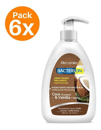 Bacterion Jabon Antibacterial Coco 300ml Pack 6 Unidades