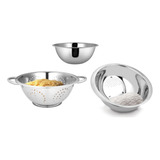 Kit Cozinha Inox 3pc Escorredor De Arroz Macarrão E Bowl