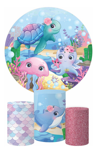 Trio Capa Cilindro Painel Fundo Do Mar 3d Veste Fácil Festa