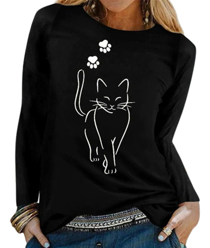 Camiseta De Manga Larga Con Estampado De Gato Encantador