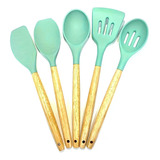 Juego Utensilios De Silicona Mango De Madera Antiadherente Color Verde Claro