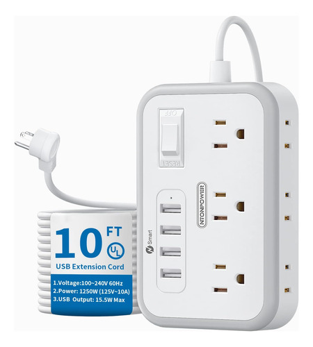 Enchufe Inteligente Marca Ntonpower/6 Tomas/4 Usb/blanc/10ft