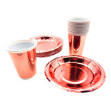 Kit Vasos Y Platos Redondos Oro Rosa Metalizado X10 Personas