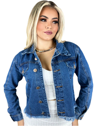 Jaqueta Jeans Feminina Com Bolsos E Barra Desfiada Qualidade