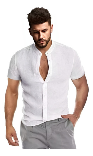 Camisa De Lino Manga Corta Cuello Mao De Hombre Tendencia