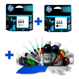 2 Cartuchos Hp 664 (bk,cl)original Estandar + Kit De Recarga