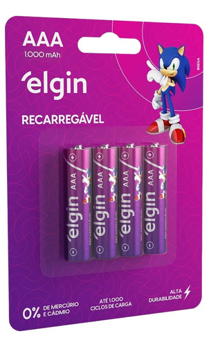 Pilha Recarregavel Aaa Palito 1000 Mah Blister Com 4 Elgin