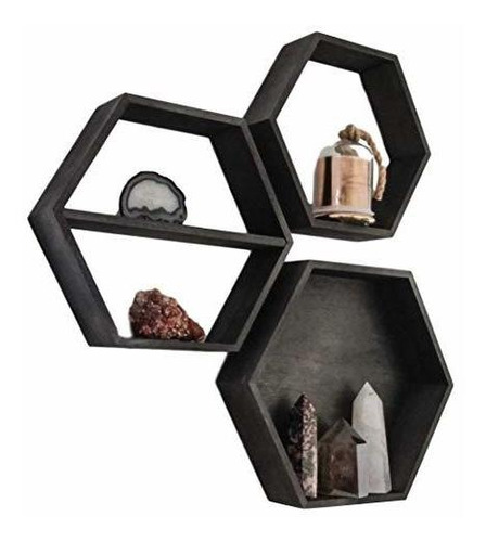 Estantería Flotante Hexagonal De Diseño Negro Carbón, 3 Uni