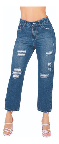 Mom Jeans Casual Dama Corte Alto Azul 172-27