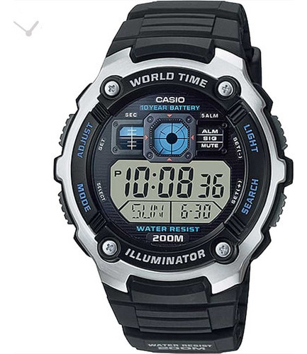 Reloj Digital Casio Ae-2000w-1avdf Time World Para Hombre, Color De Correa Negro, Color De Bisel Plateado, Color De Fondo Negro