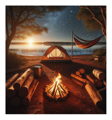 Vinilo 60x60cm Camping Lago Atardecer Fuego Paraguaya