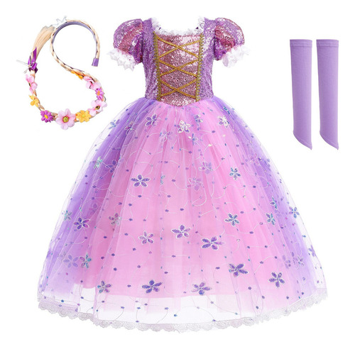 Vestido De Princesa Rapunzel Para Niña #4pcs, Disfraz De Fie