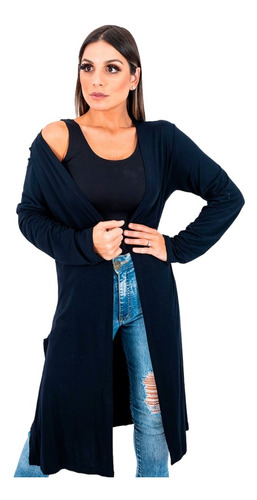 Cardigan Feminino Liso Alongado Elegante Casual