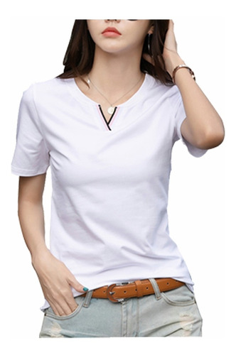 Camiseta Casual De Manga Corta Para Mujer Con Cuello En V