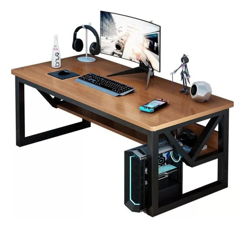 Mesa Gamer Com Prateleira Aço E Madeira Moderna Para Pc 