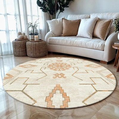 Tapete Redondo Boho Etno Beige Y Naranja 80x80cm Decorativo