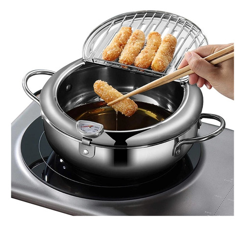 A Olla For Freír Con Termómetro Y Tapa 304 Tempura Fryer Pan