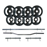 Kit Anilhas Ferro 20kg + 2 Barras 40cm + Barra 120 + Barra W