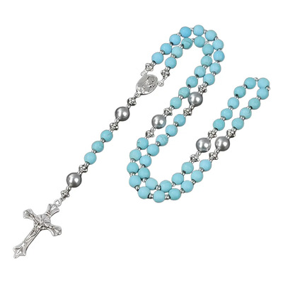Rosario Católico Piedra Natural Howlita Azul Cruz Y Virgen Color Celeste | Meses sin interés