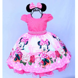 Vestido Infantil Temático Minnie Pink Festa Luxo E Tiara