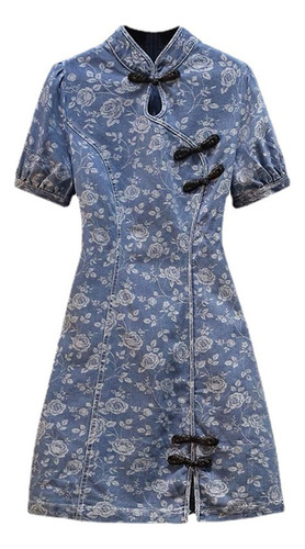 Vestido Vintage Qipao Azul Cheongsam Para Mujer