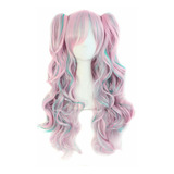 Peluca De Cabello Largo Rizado Multicolor  Rosado, Azul