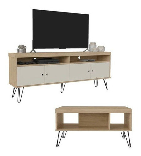 Conjunto Sala Liberty Com Rack E Mesa De Centro Artely Cor Carvalho/off White