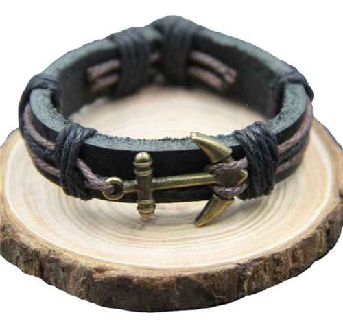 Pulsera Hombre Cuero Pulsera Ancla Vintage Regulable