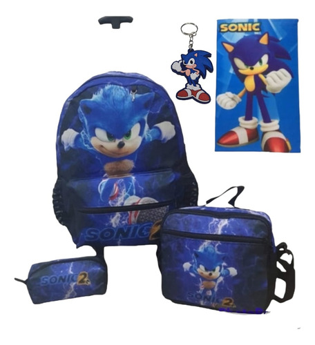 Kit Mochila Rodinha  Escolar Sonic 2 F1toalha E Chaveiro