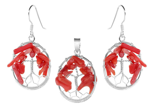 Conjunto De Plata 925 Árbol De La Vida Con Piedra Coral