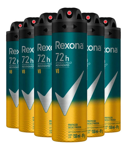 Kit Desodorante Aerosol Rexona V8/amarelo 150ml - 6 Unidades