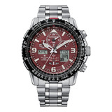 Reloj Citizen Jy808689x Para Hombre Cronógrafo Hora Mundial Color De La Malla Plateado Color Del Bisel Negro Color Del Fondo Rojo Vino