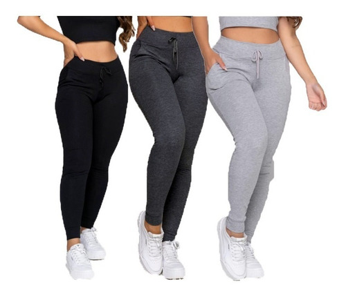 Kit 3 Calça Jogger Moletinho Slim Feminina Adulto C/punho