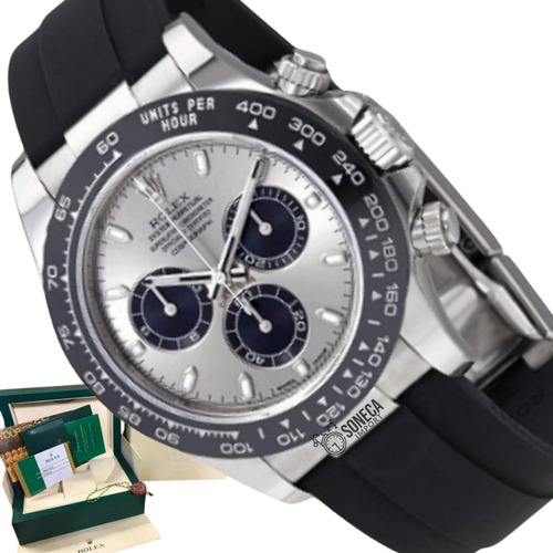 Rolex Daytona Prata Pulseira Borracha Base Eta 3035 Na Caixa