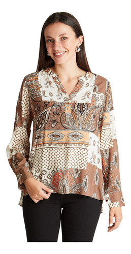 Blusa Manga Larga Cuello Mao Estampada Beige