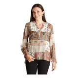 Blusa Manga Larga Cuello Mao Estampada Beige